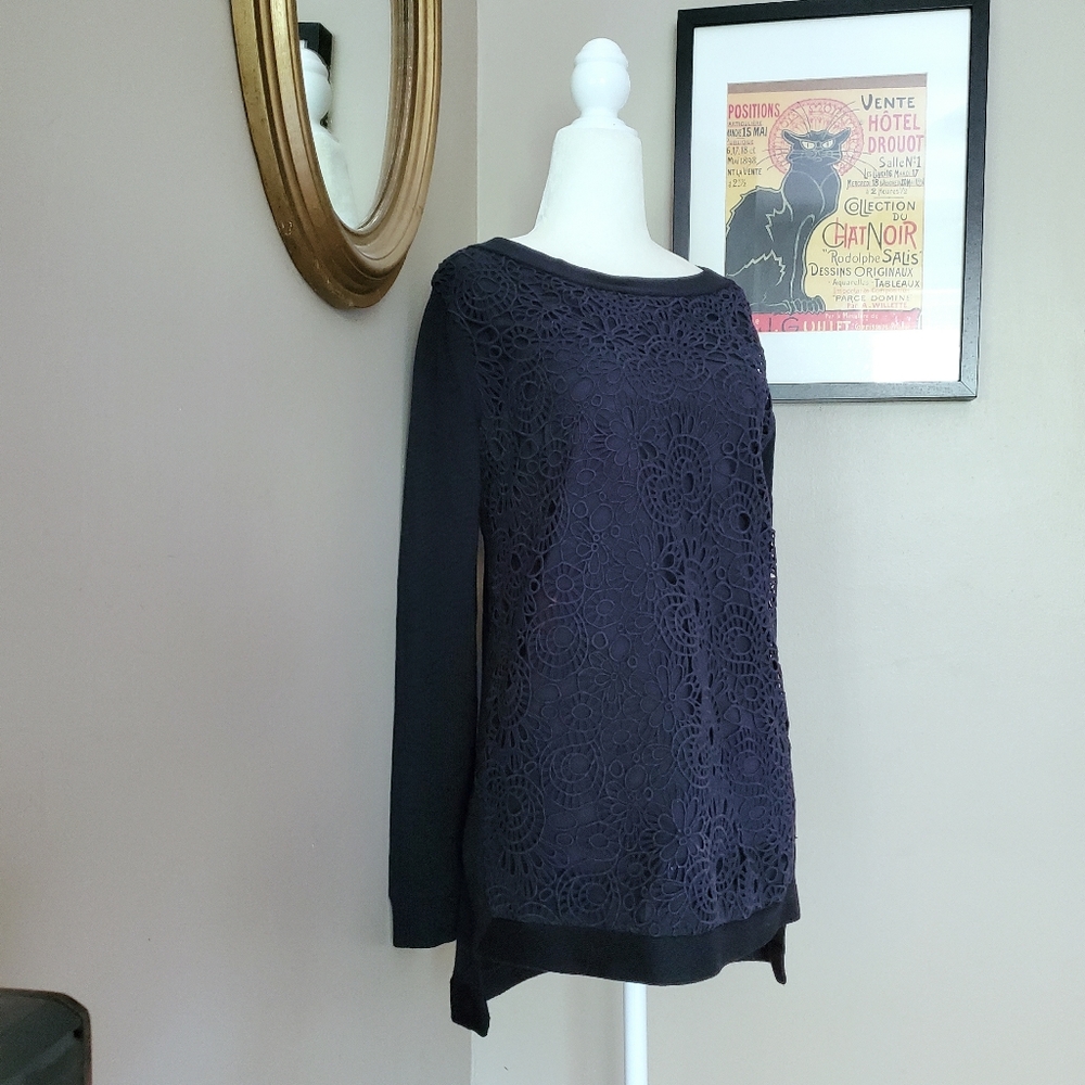 Lela Rose Navy Blue Lace and Cashmere Blend Sweater Size Small - Picture 4 of 12
